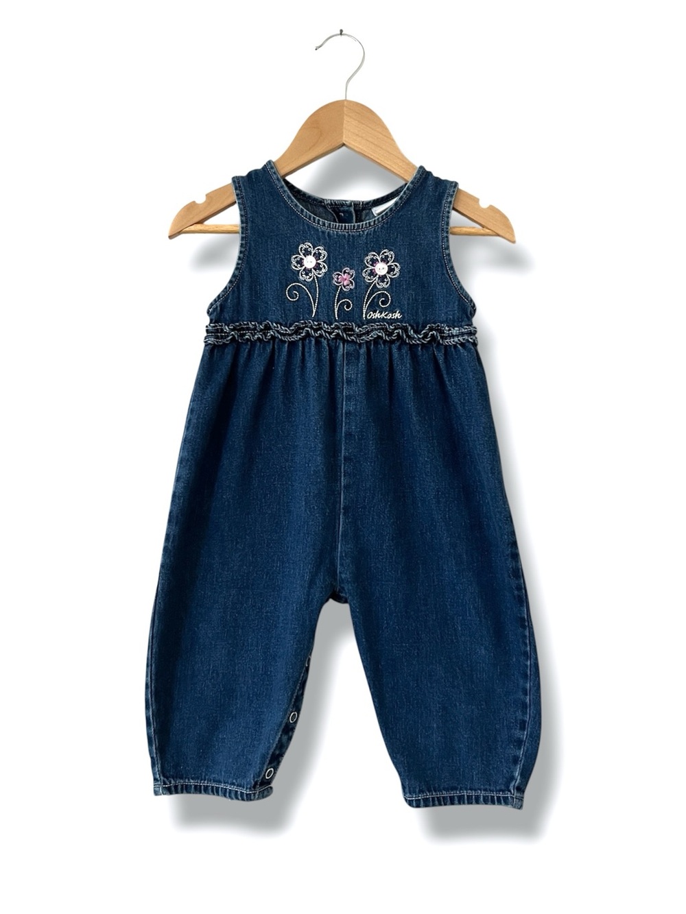 OshKosh Girls 12M Denim Romper Floral Embroidered Ruffle One Piece Jumpsuit
